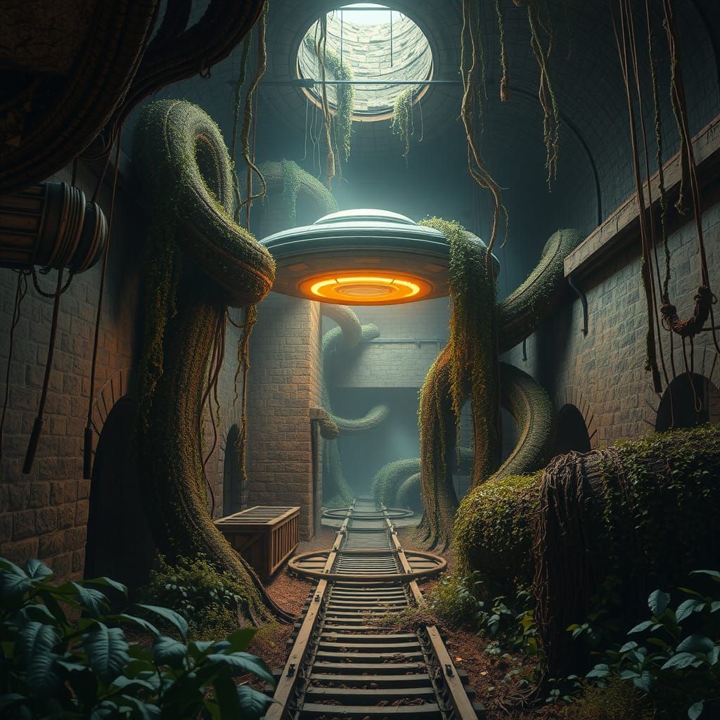 Overgrown Mines with Hovering UFO, Fantasy Concept Art