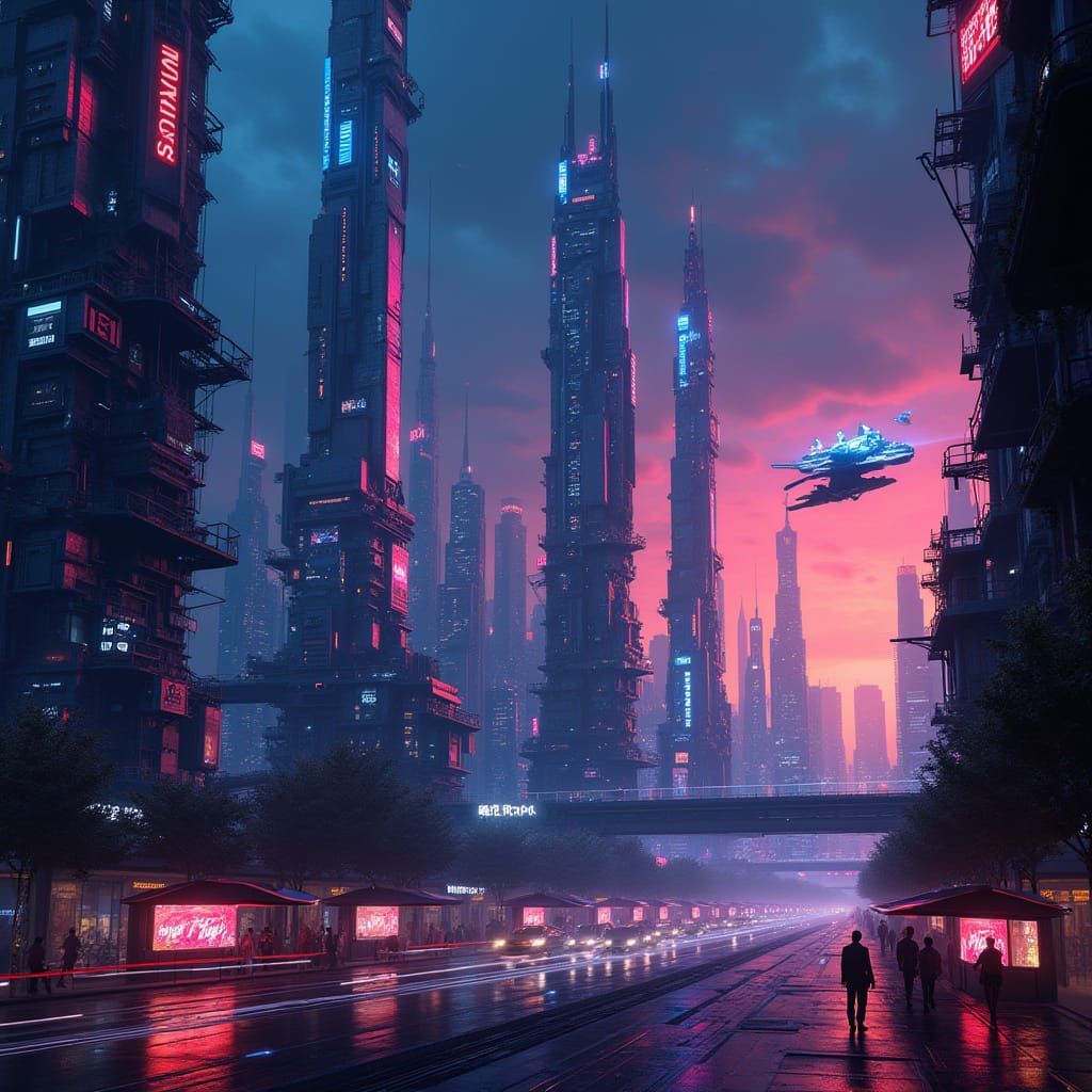 Futuristic Metropolis at Dusk, in Neon Colors
