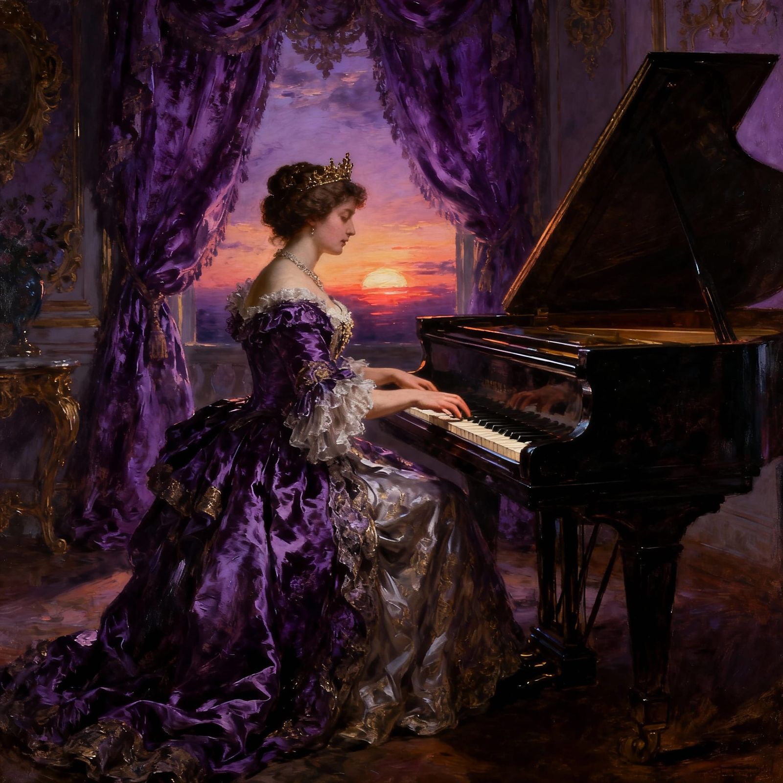 Baroque Lady Plays Piano in Purple Sunset
