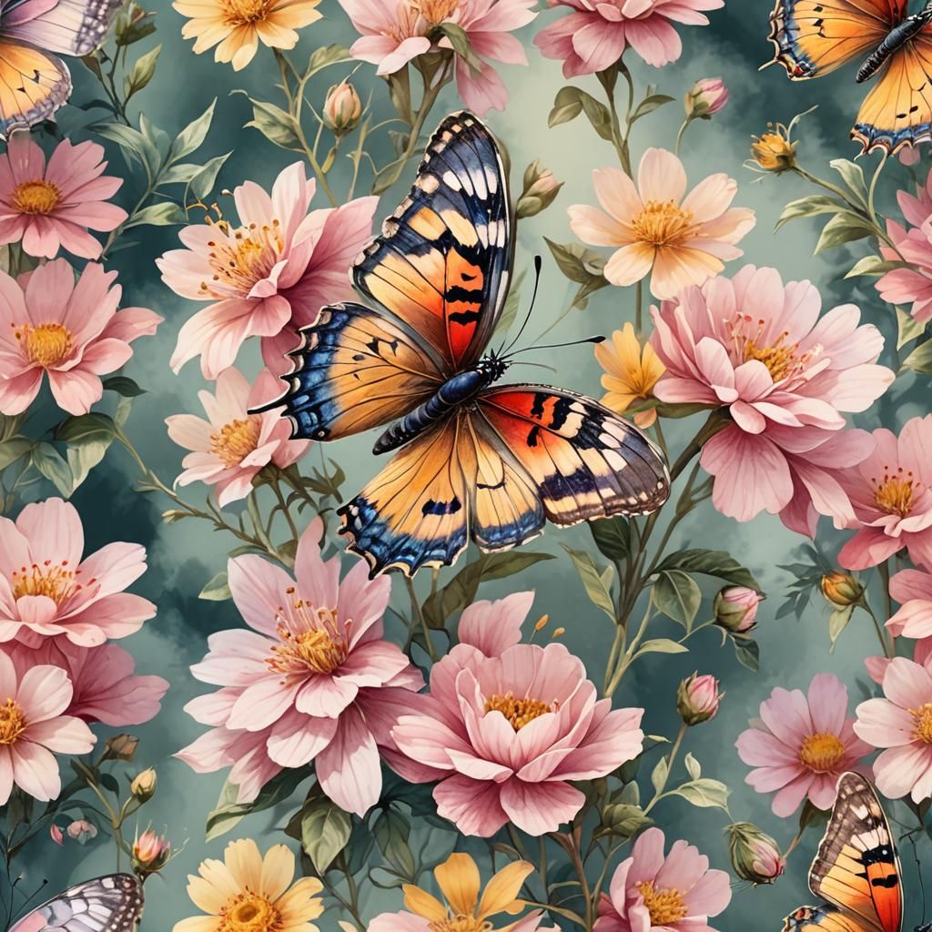Colorful Butterfly on Flower in Watercolor Style