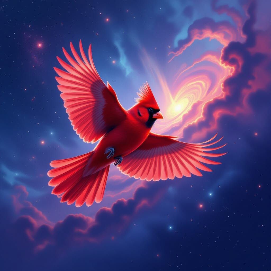 Vibrant Cardinal Soars Through Cosmic Nebula