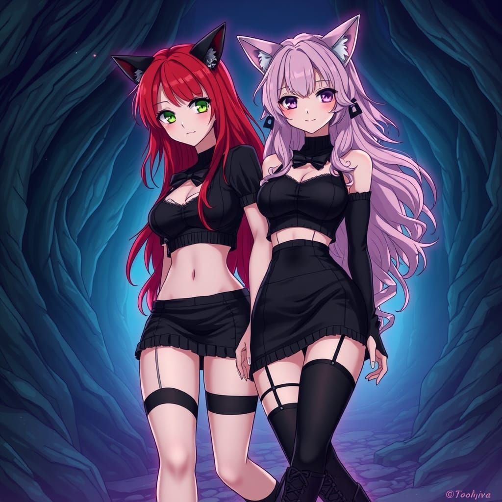 Anime Catgirl and Redhead in Mystical Underworld