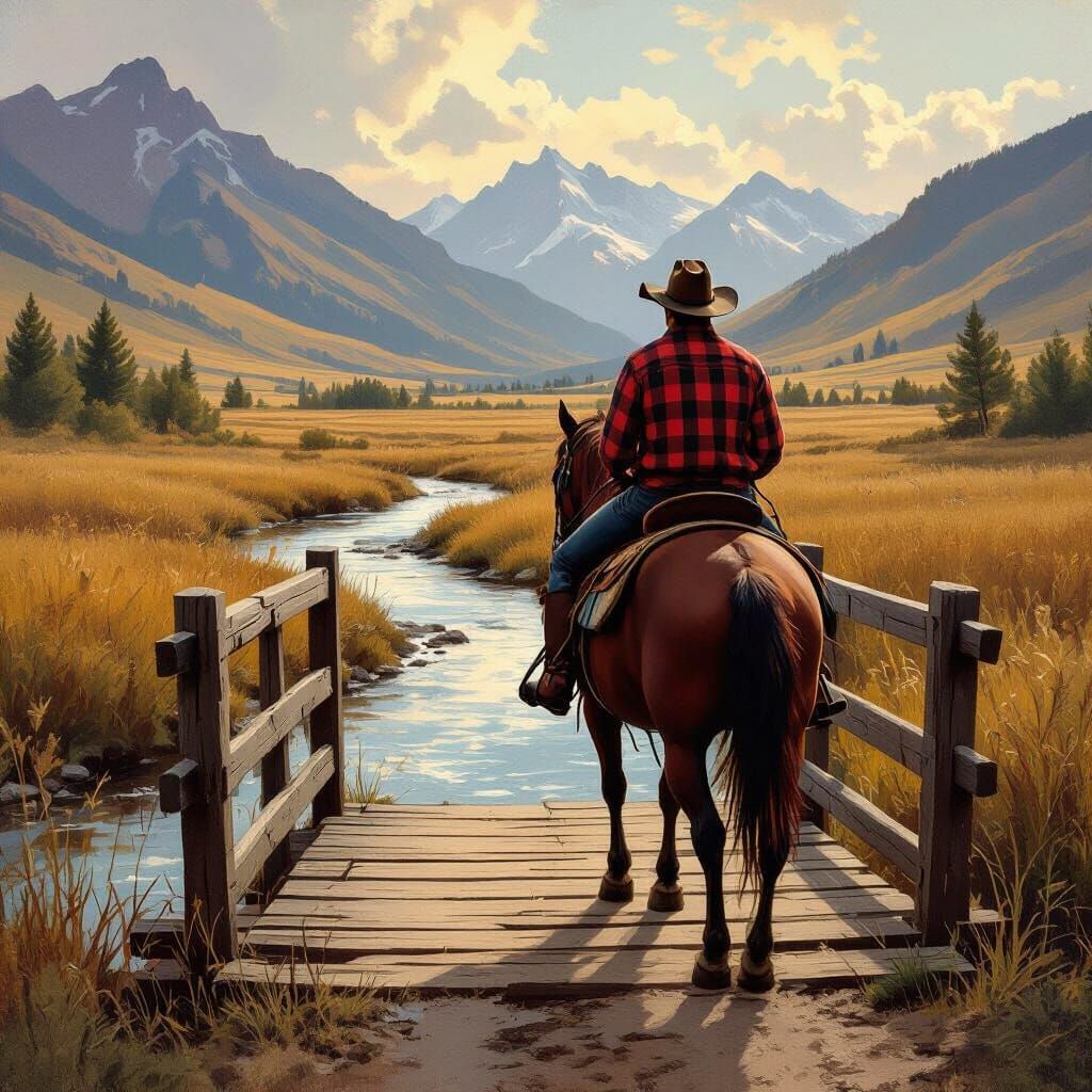 Lone Rider in Mountain Valley, Romantic Landscape