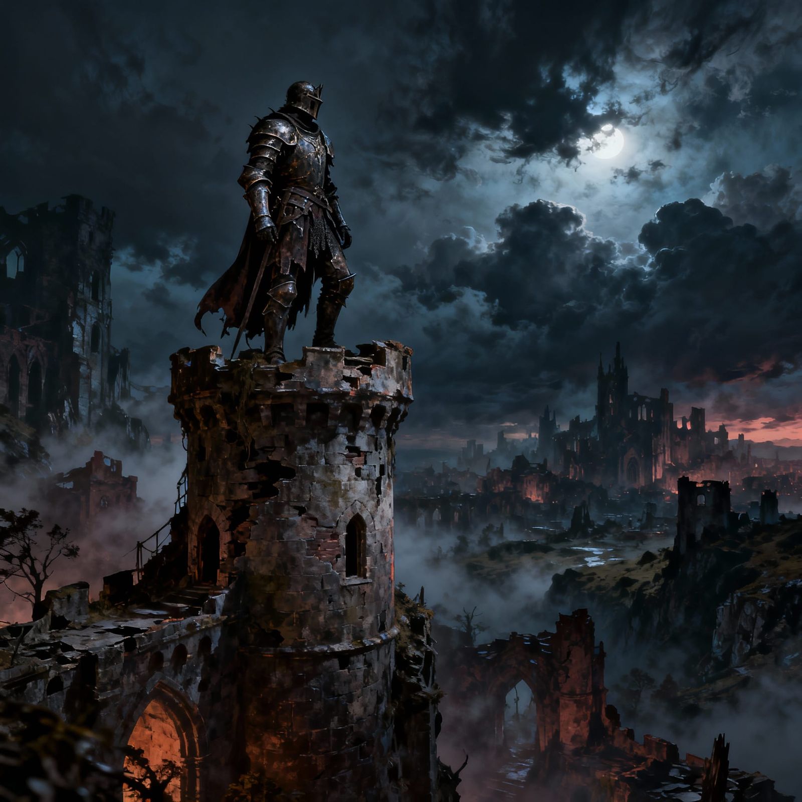 Gothic Warrior Overlooks Ruined City Under Moonlight