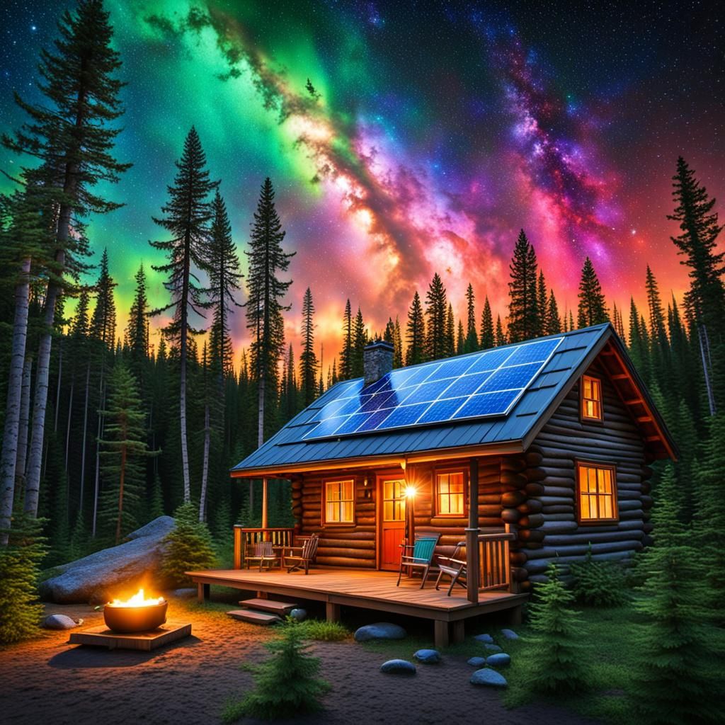Cozy Cottage Under Northern Lights Starry Sky