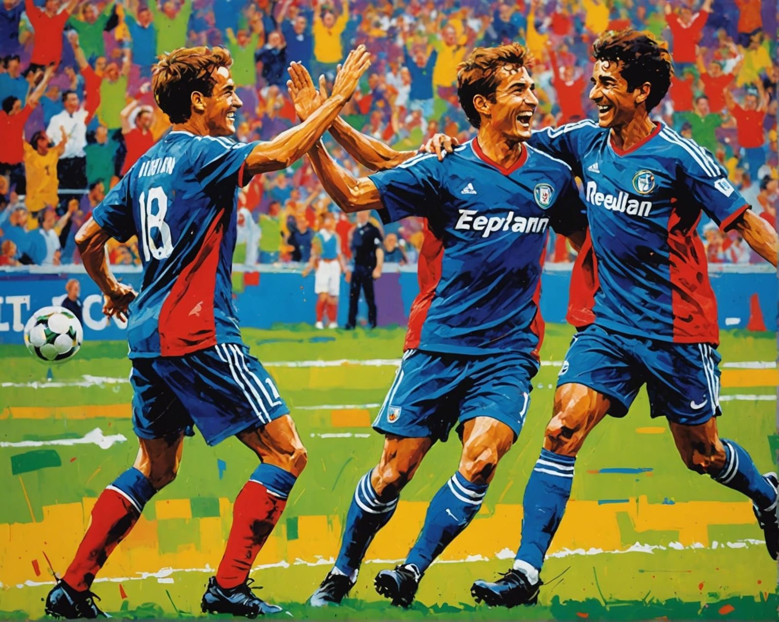 Art by LeRoy Neiman, high five shared between two young socc...