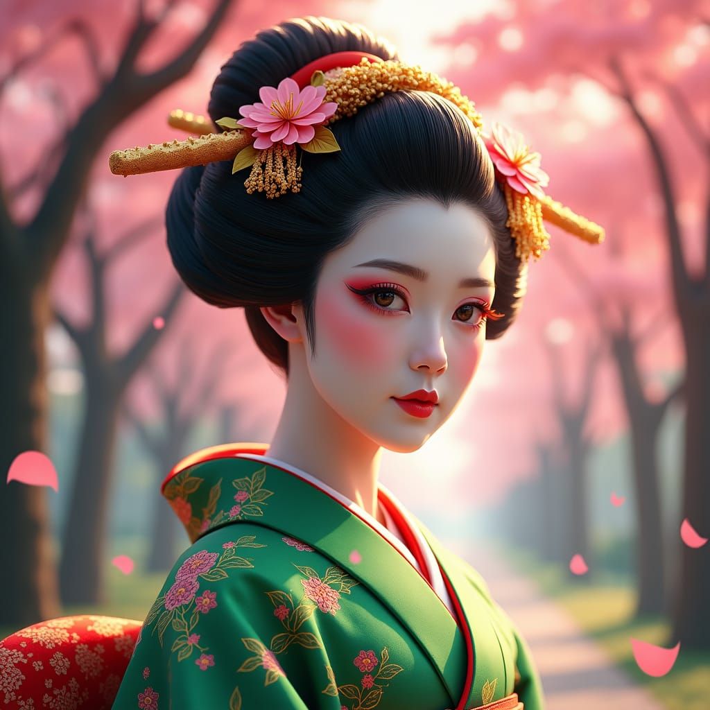 Geisha in Green Kimono Under Cherry Blossoms as Sumi-e Art