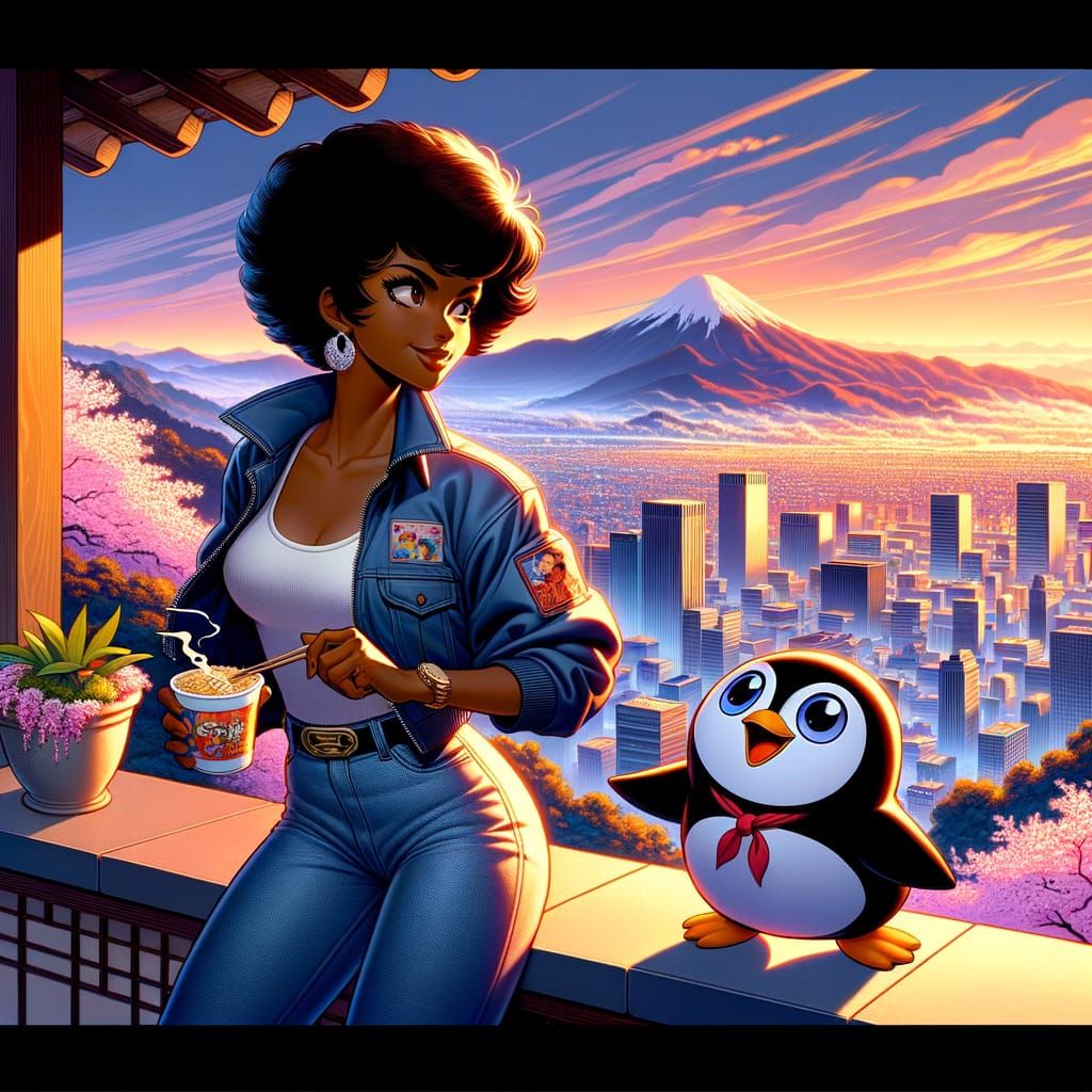 Anime Woman and Penguin with Noodles