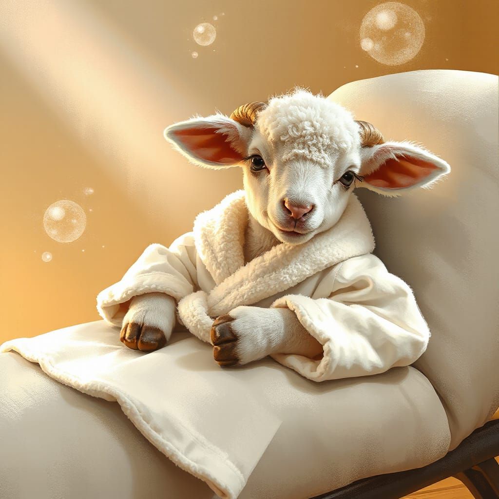 Adorable Lamb Relaxing at Spa in Mixed Media Style