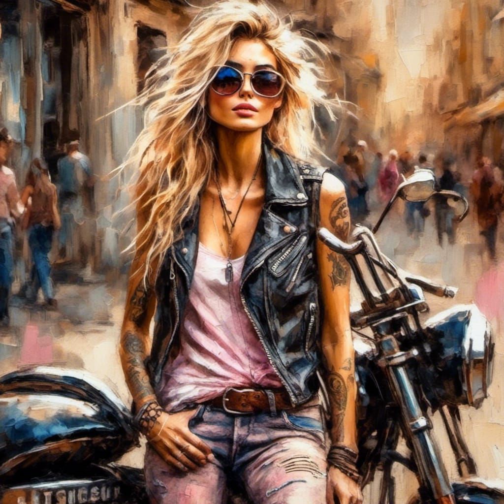 Grunge Biker Chick in Sturgis in Watercolor Style