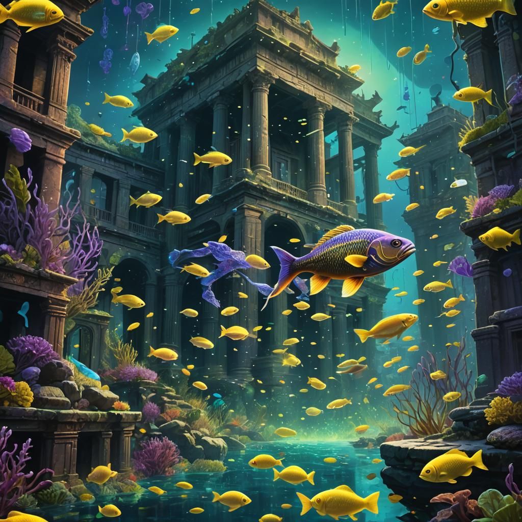 Bioluminescent Fish in Underwater City Concept Art