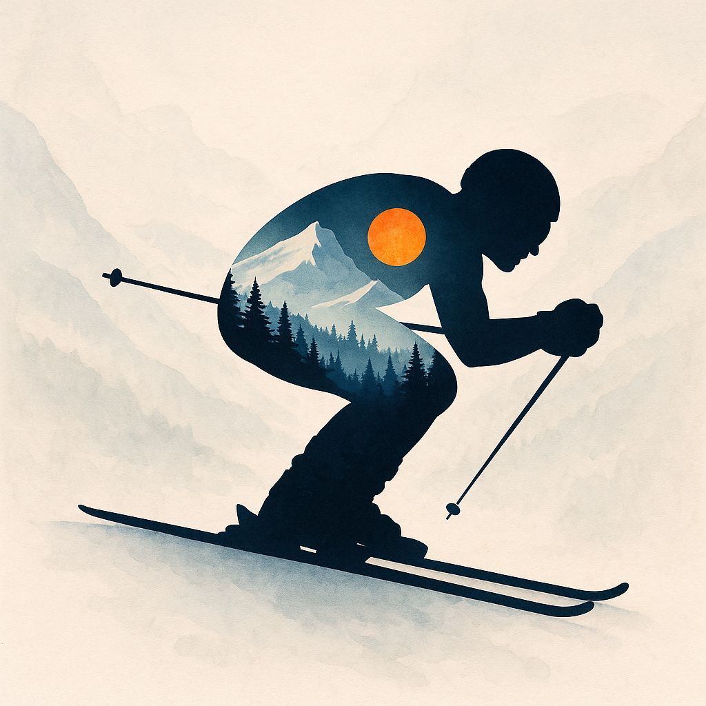 Silhouette Skier Races Through Snowy Mountain Scene
