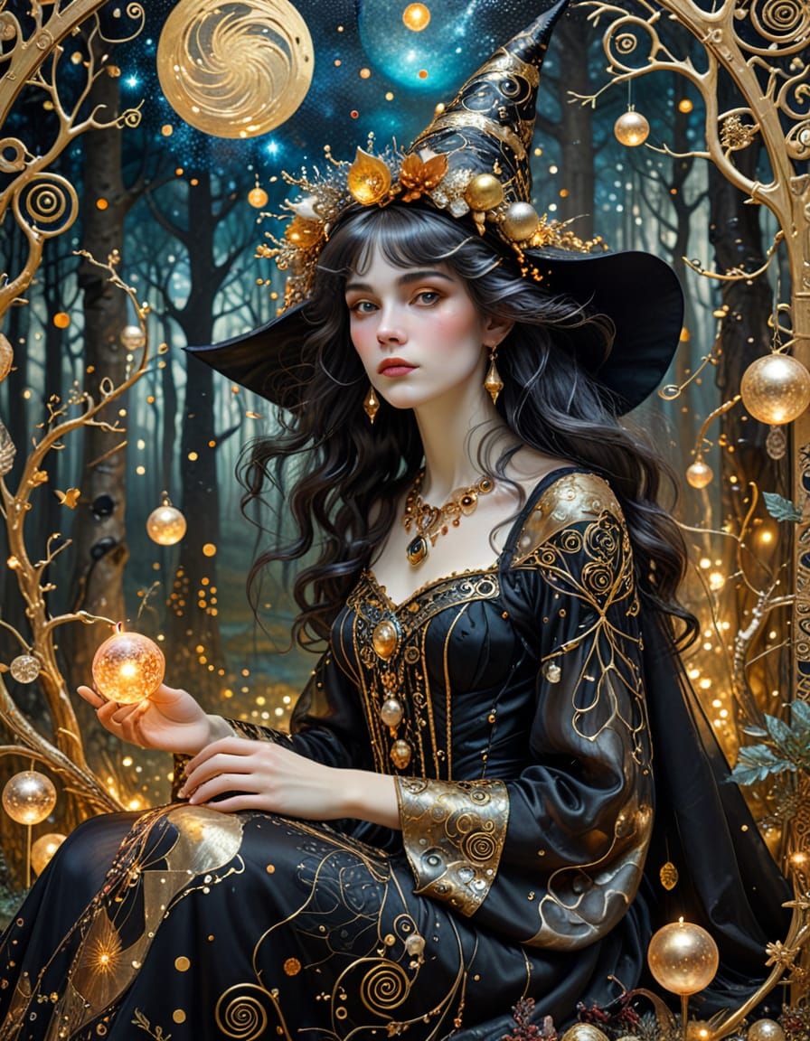 Art Nouveau Witch in Forest Clearing with Cosmic Decorations
