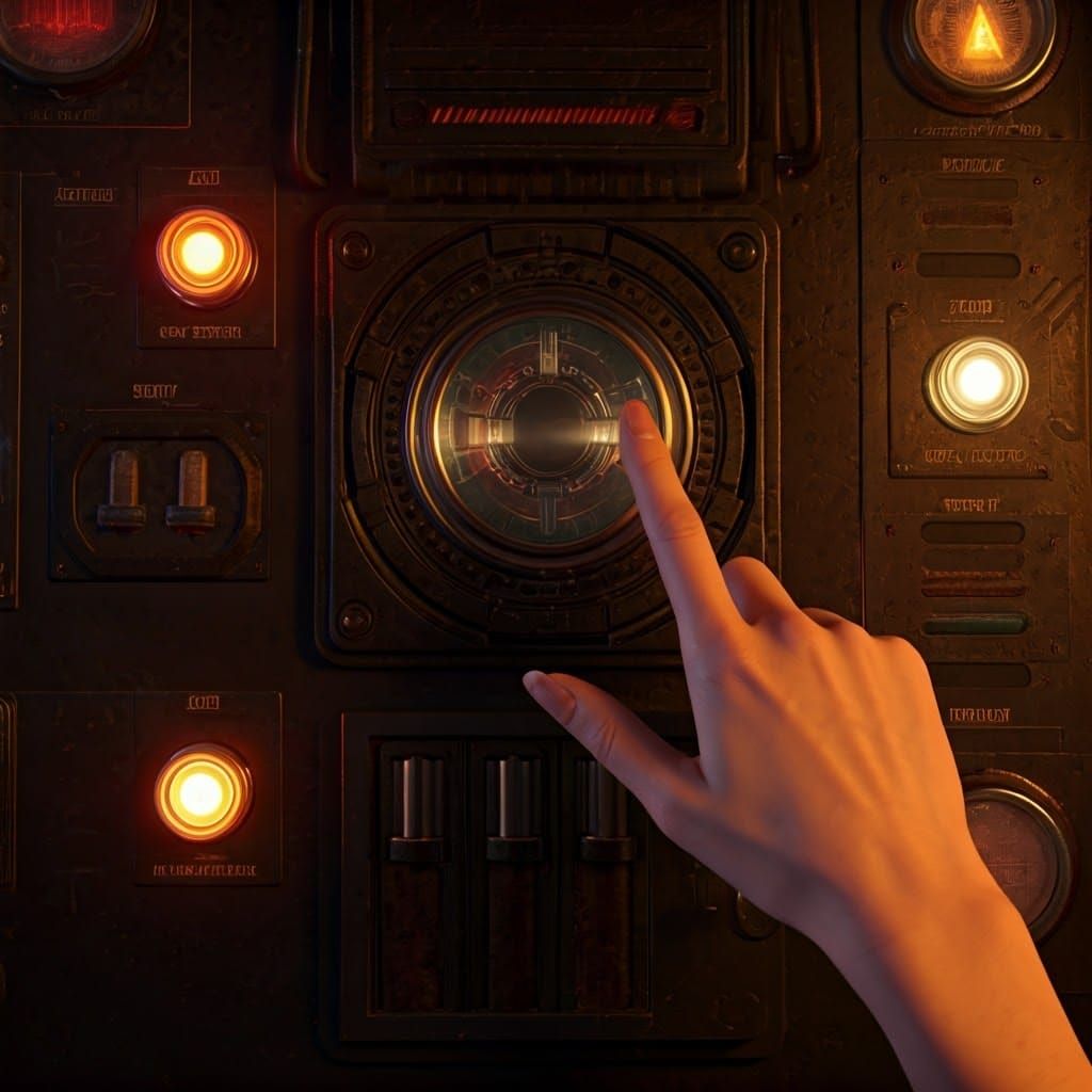 Woman Hesitates Above Ominous Control Panel
