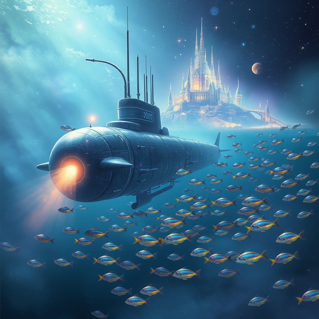 U-Boat Descends into Mystical Ocean in Mixed Media