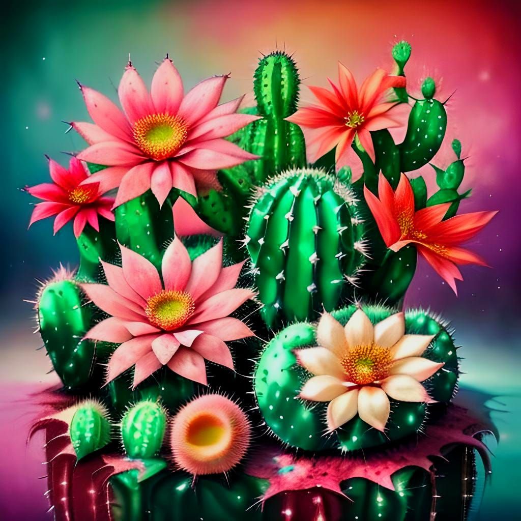 Beautiful Flowering Cactus in Alcohol Ink Style