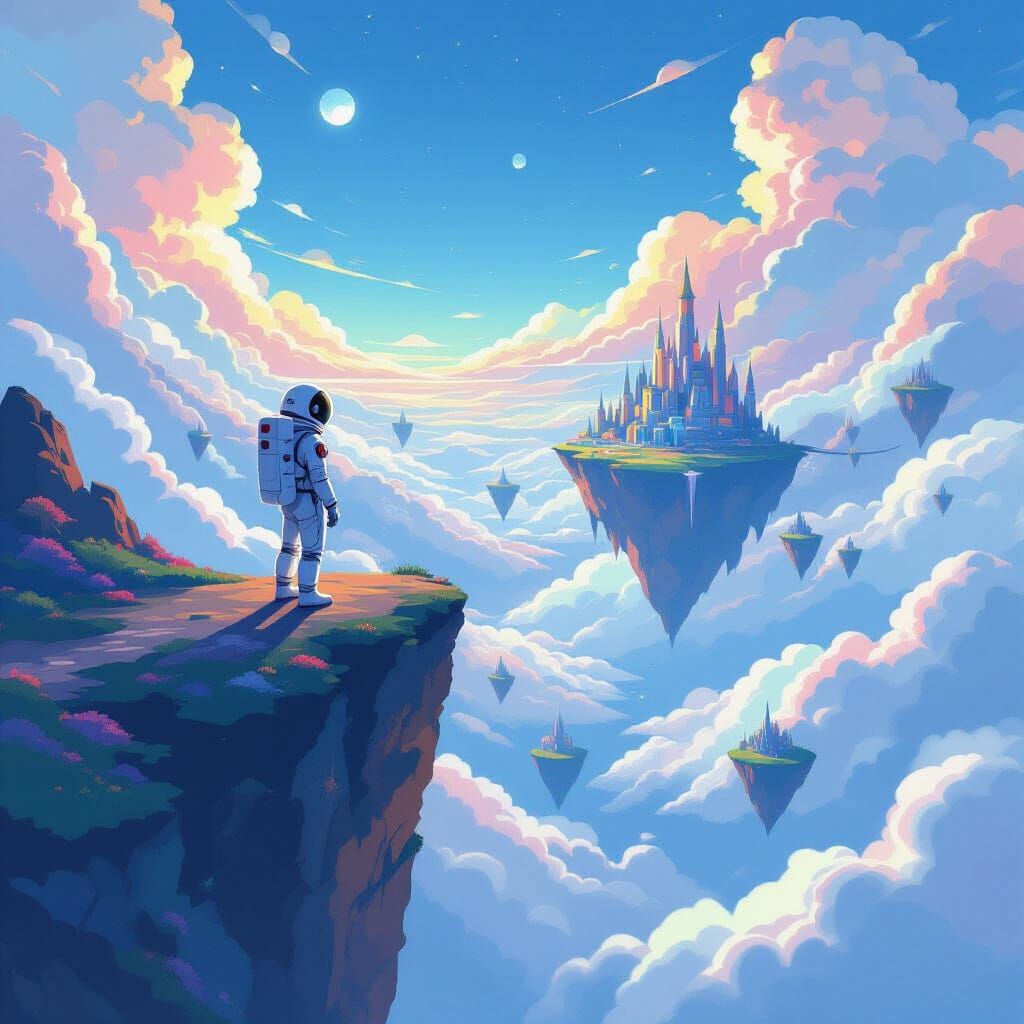 Astronaut Views Whimsical Fantasy World in Neo-Impressionist...