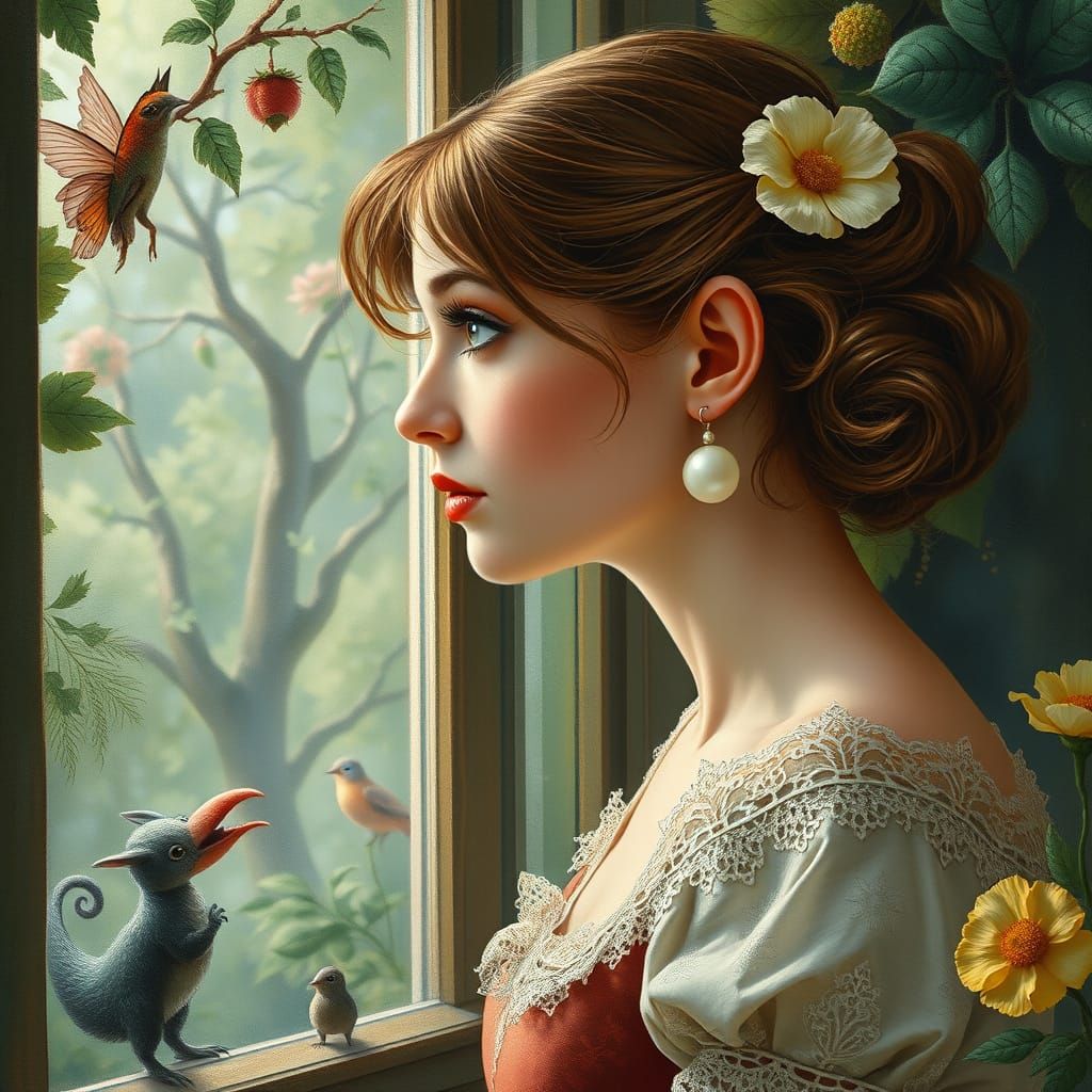 Elegant Lady Gazing Out of a Fantastical World's Window in W...