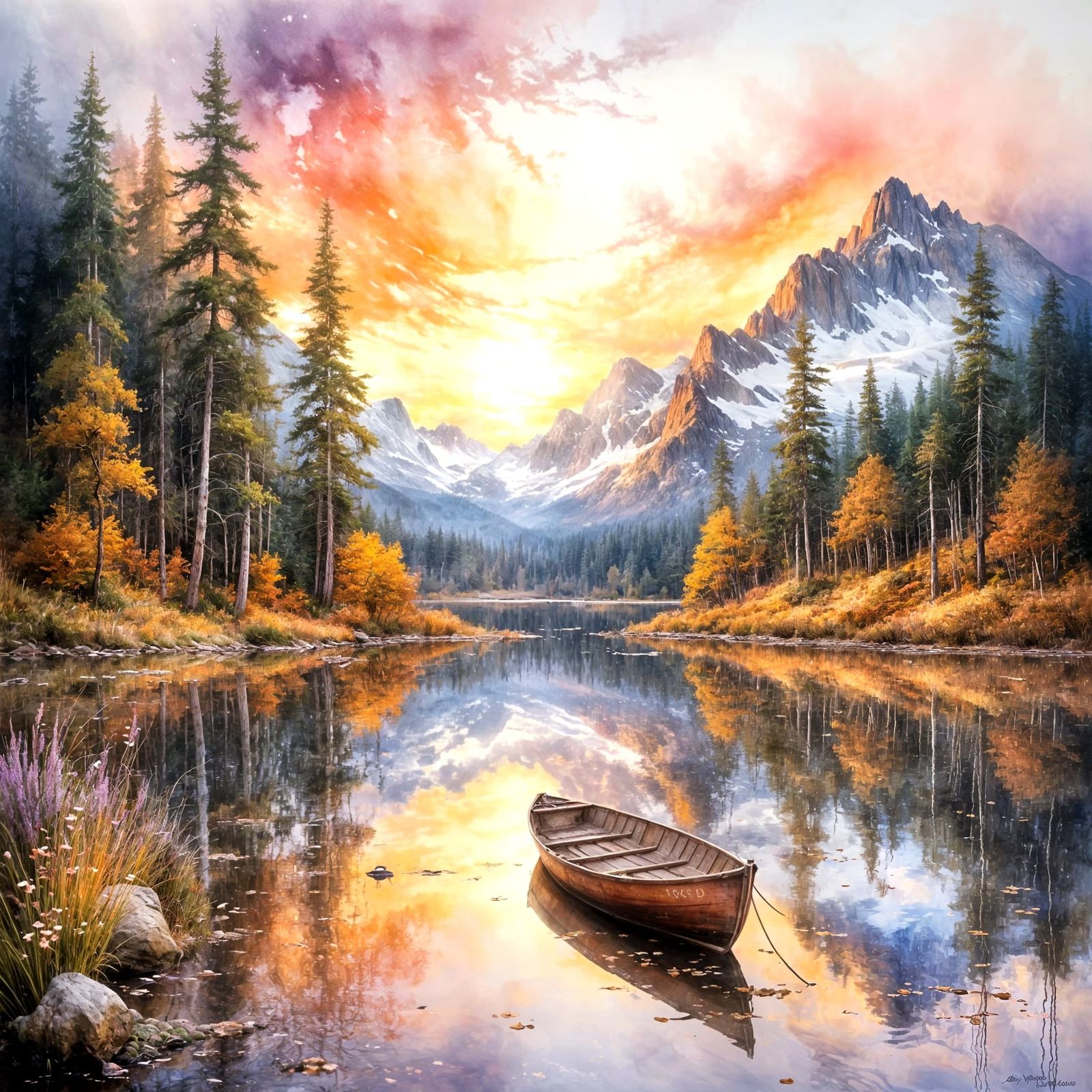 Serene Mountain Lake Sunset in Oil and Watercolor