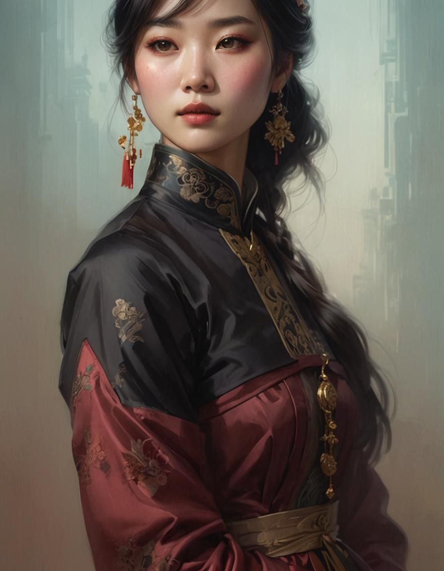 Beautiful young Chinese woman in a Victorian dress