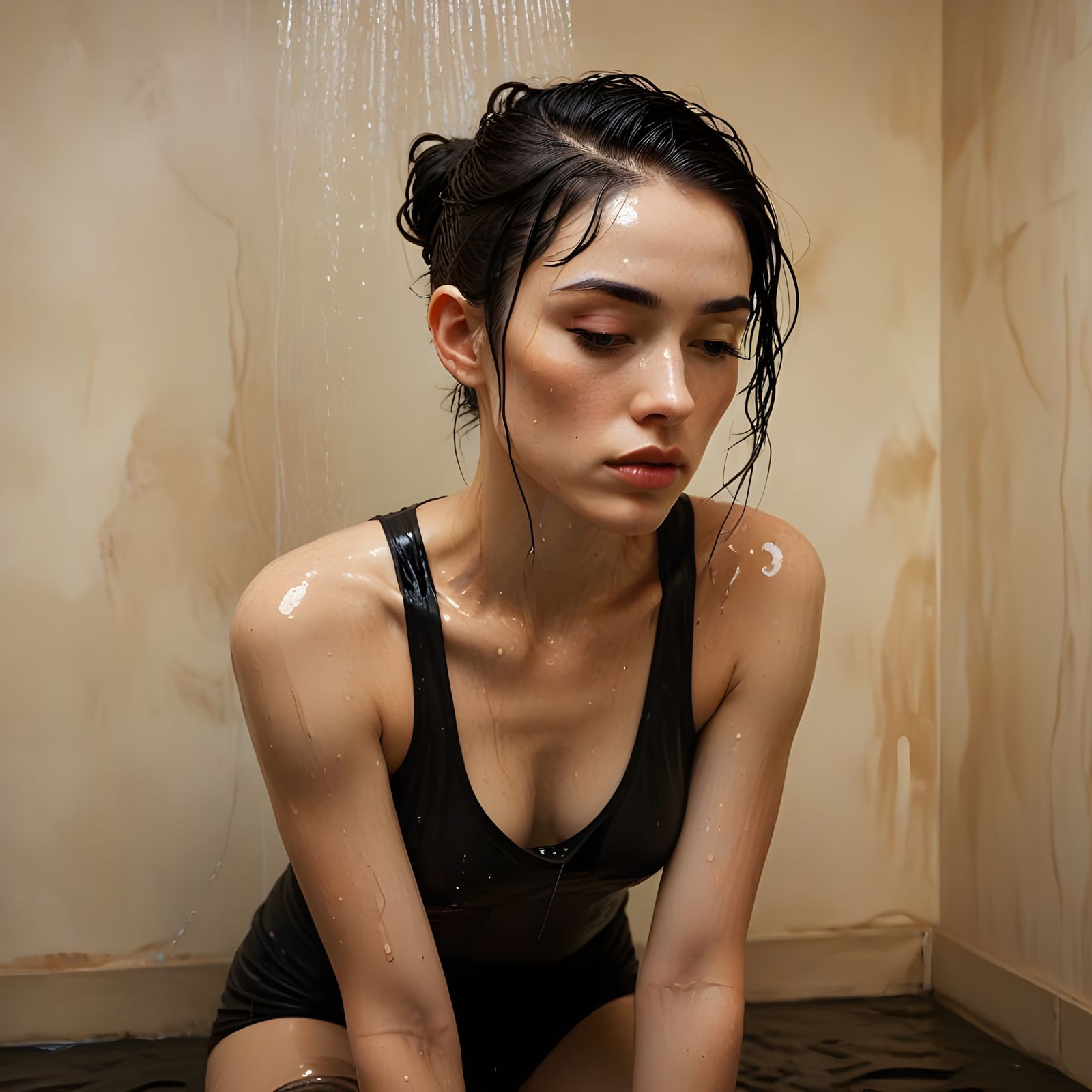 Woman in Shower, Serene in Warm Light