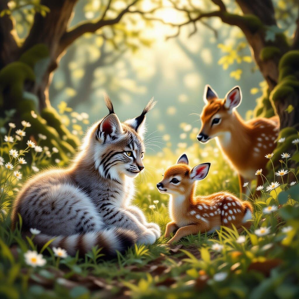 Lynx Kitten and Fawn Play in Sunlit Forest