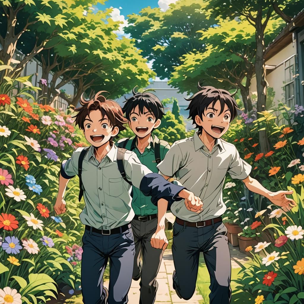 Brothers Playing in Garden: Vibrant Manga Illustration