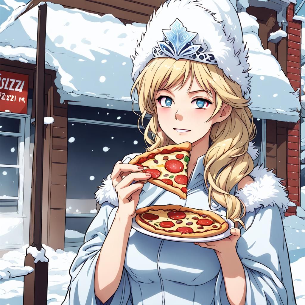 Snow Queen Eating Pizza in Anime Style