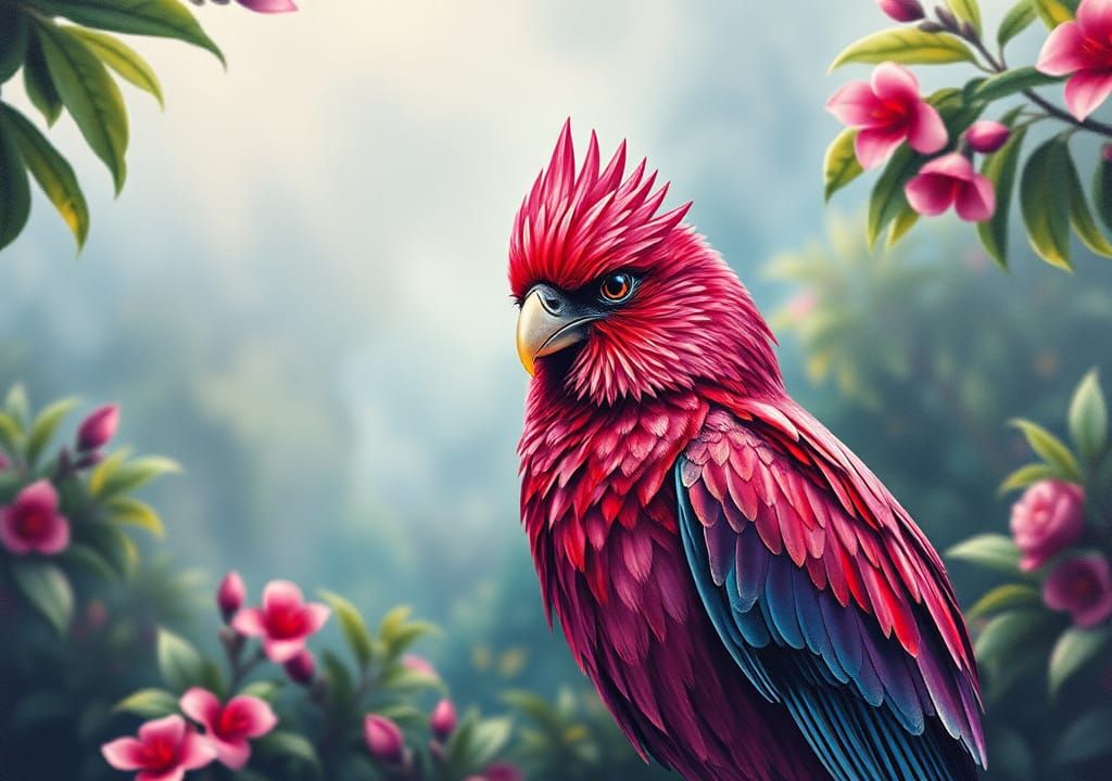 Magenta Bird Portrait in Gouache and Watercolor Style