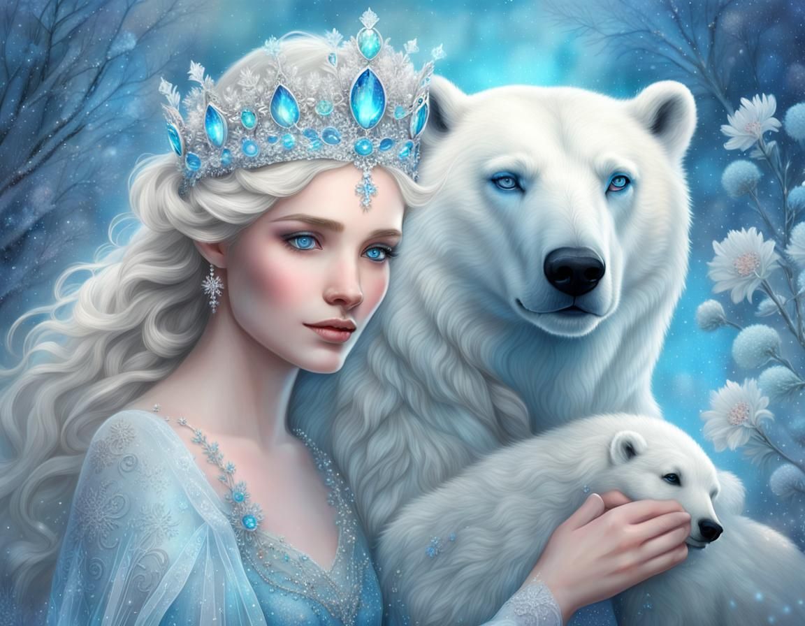 Snow Queen and Polar Bear Portrait in Magical Winter