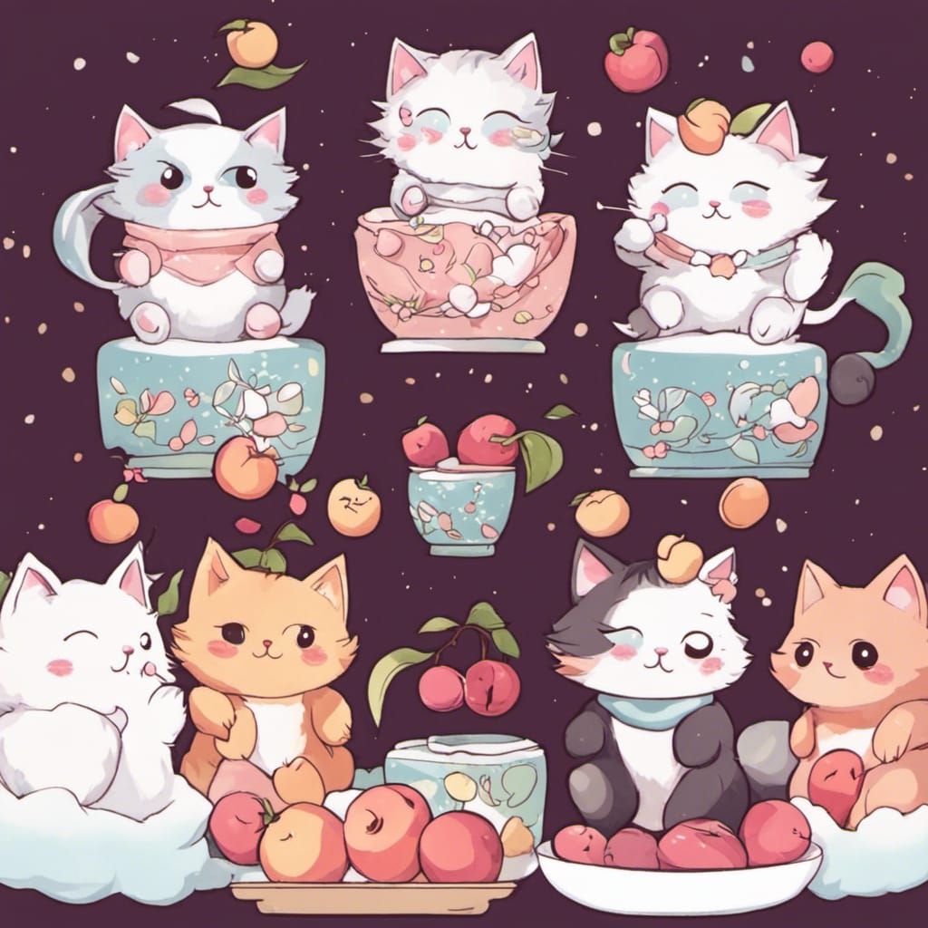 Anime Kitten Surrounded by Cartoon Peaches