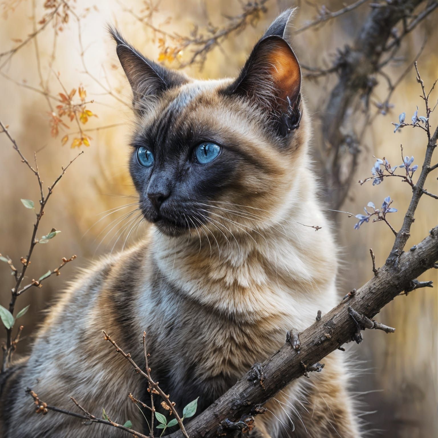 Siamese Cat Portrait in Watercolor, Golden Hour