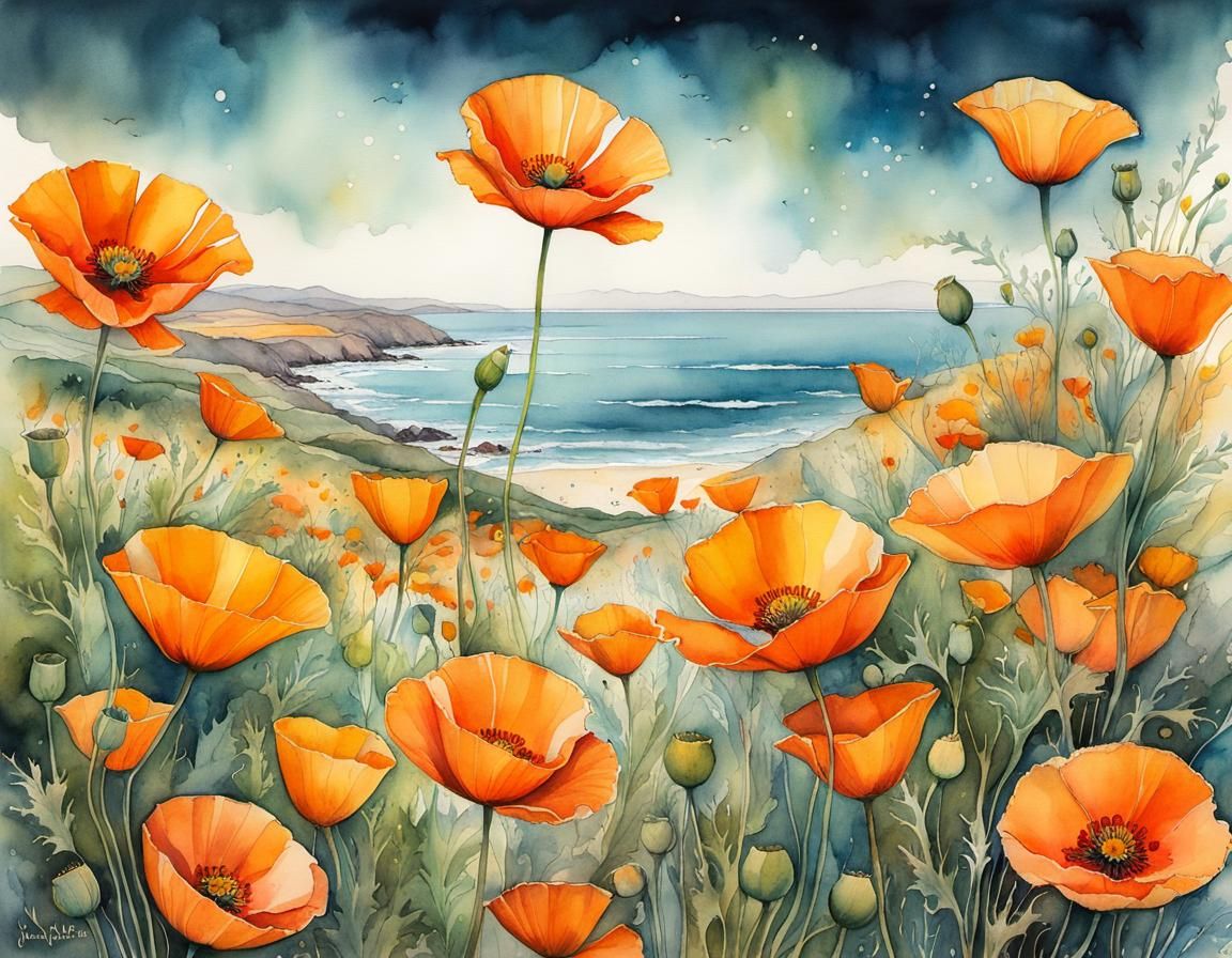 Magical California Poppies, Ink and Watercolor Illustration