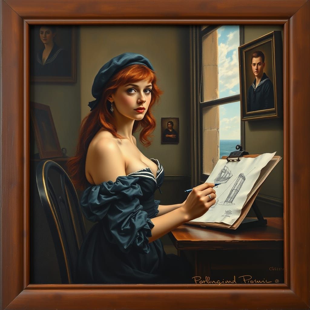 Bare-Chested Redhead Sketches Lighthouses: Oil Painting