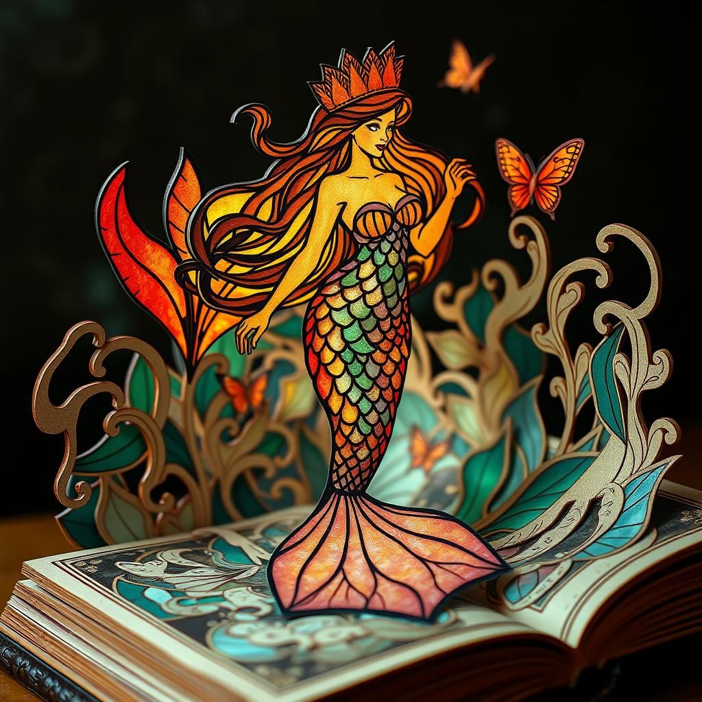 Stained Glass Mermaid on Ancient Book, Art Nouveau Style
