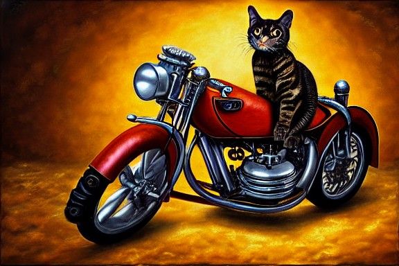 Steampunk Cat Rides Motorcycle: Oil Painting in 8K
