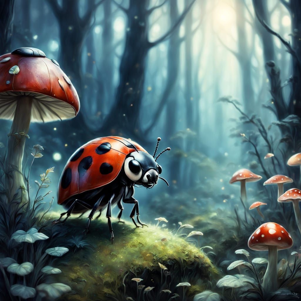 Surreal whimsical painting of a ladybug with elongated forms...