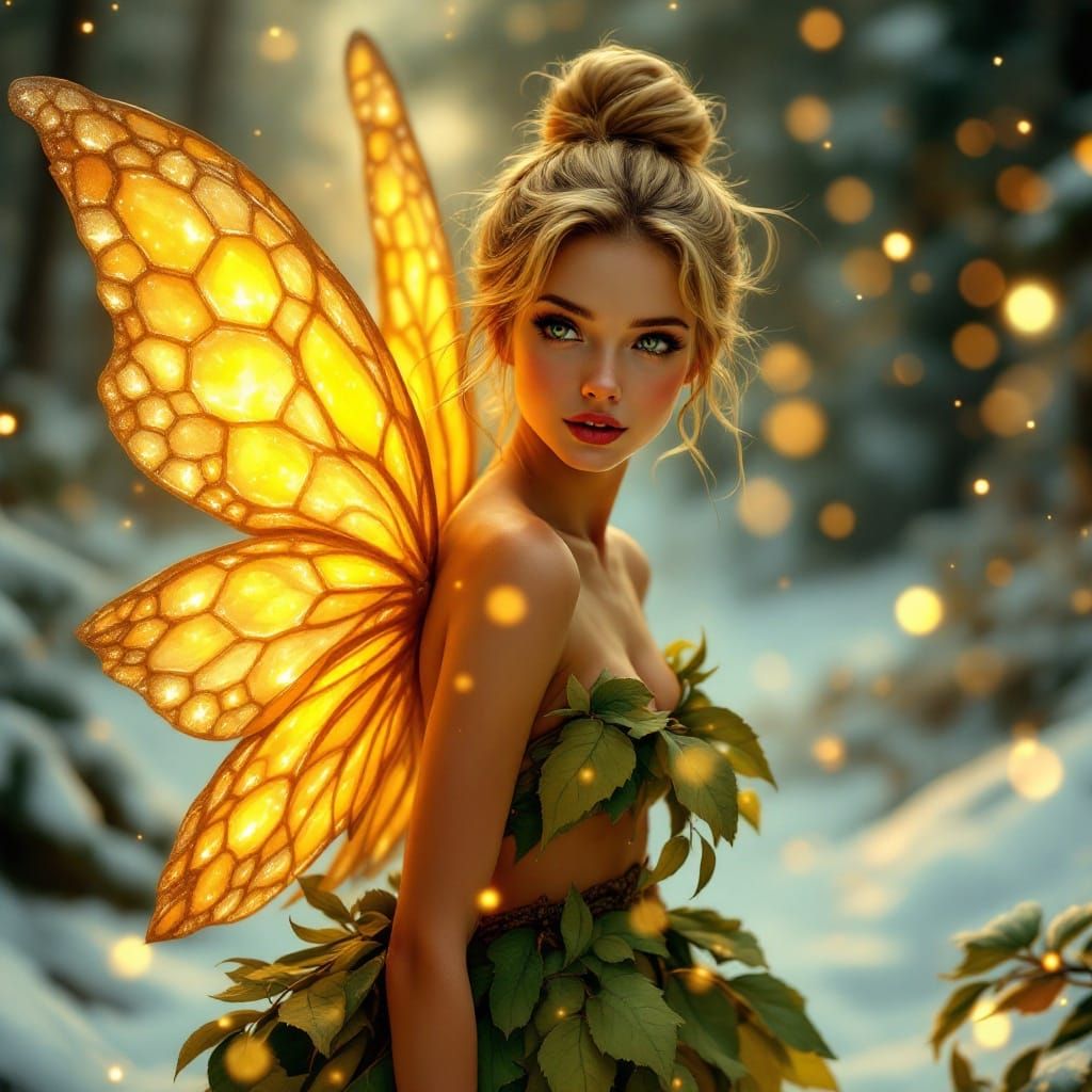 Enchanted Fairy in Amber Glow, Winter Woodland Whimsy
