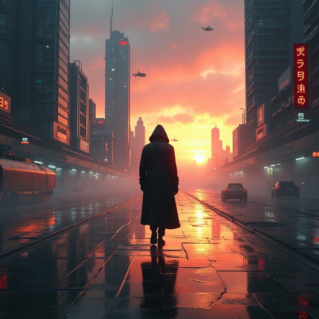 Futuristic Cityscape at Sunset with Mysterious Figure, Inspi...
