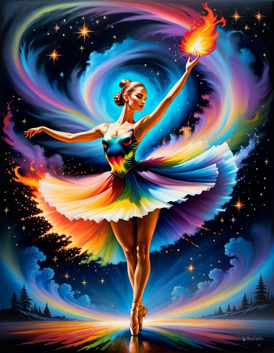 Rainbow Fire Ballerina in Fantasy Illustration Style