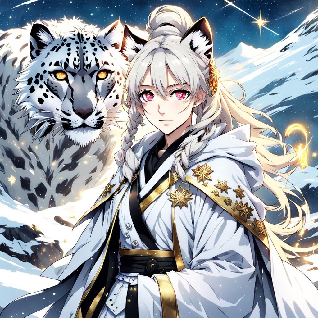 Anime Girl with Leopard Features in Snowy Scene