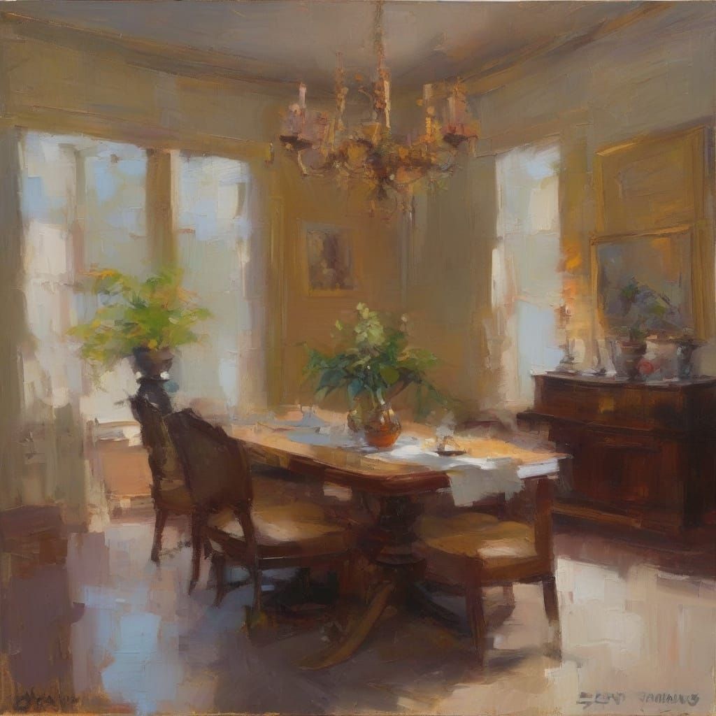 Abstract Modern Dinner Table Scene in Oil