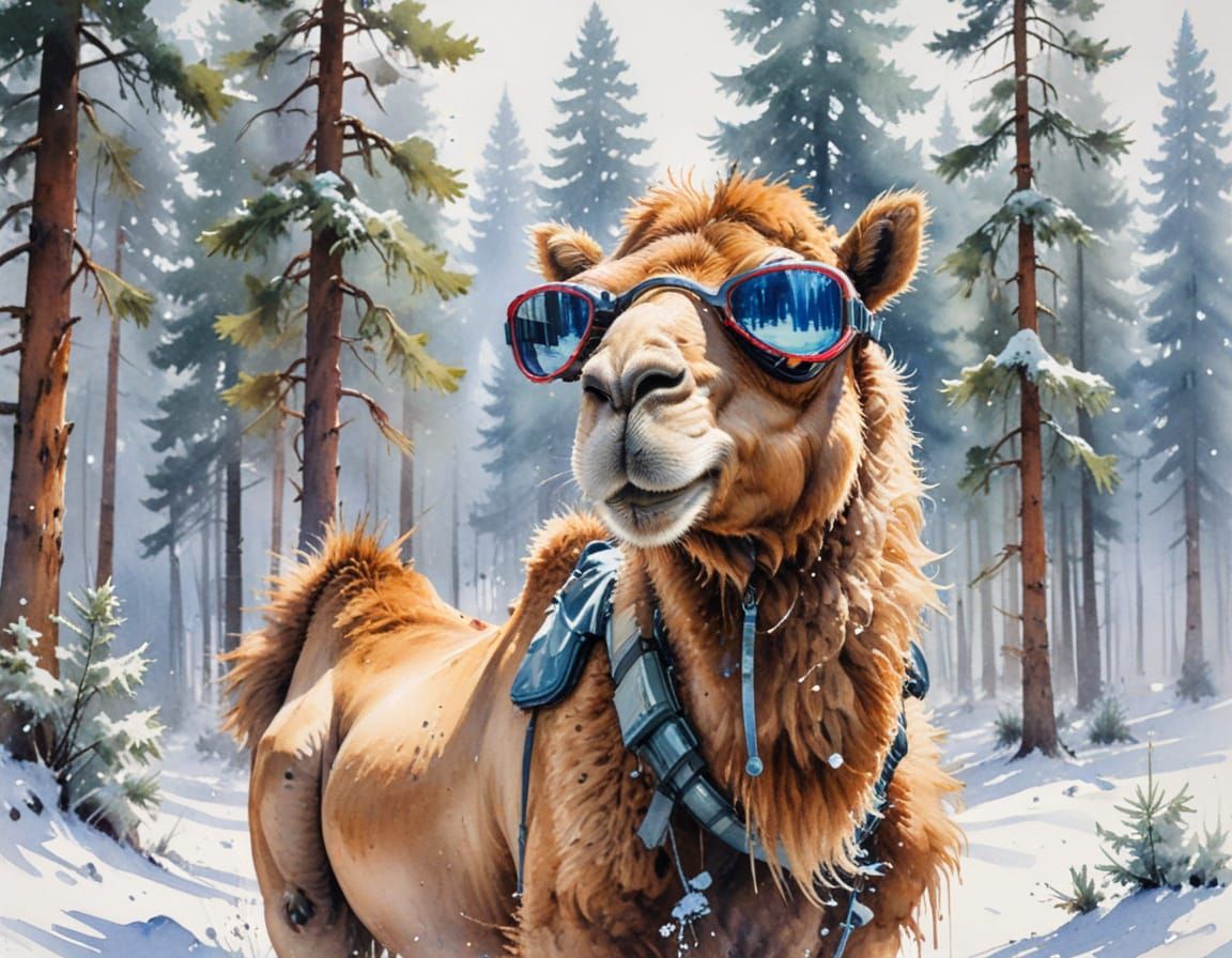 Humorous Camel in Snow Goggles in Pine Forest
