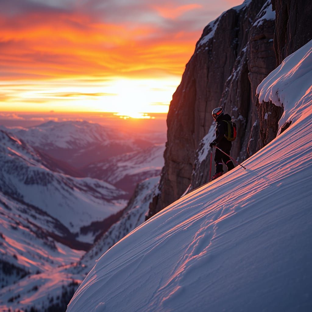 Skier Silhouetted Against Fiery Sunset in Ultra-High Definit...