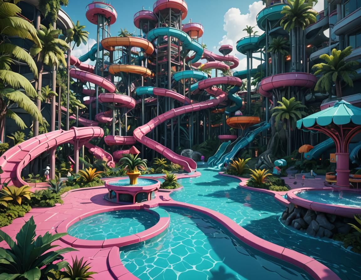 Luxury Vaporwave Waterpark in Detailed Matte Painting