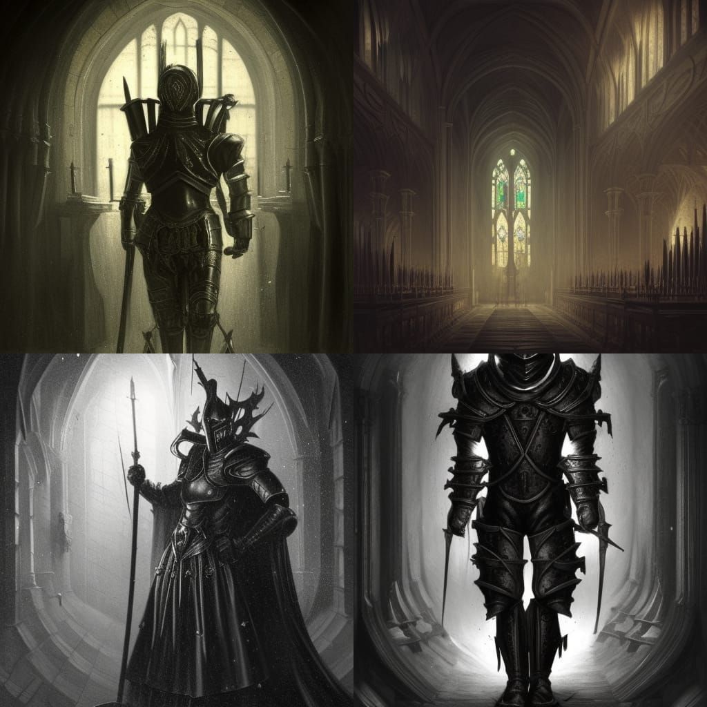Sinister Black Knight in Dark Academia Church