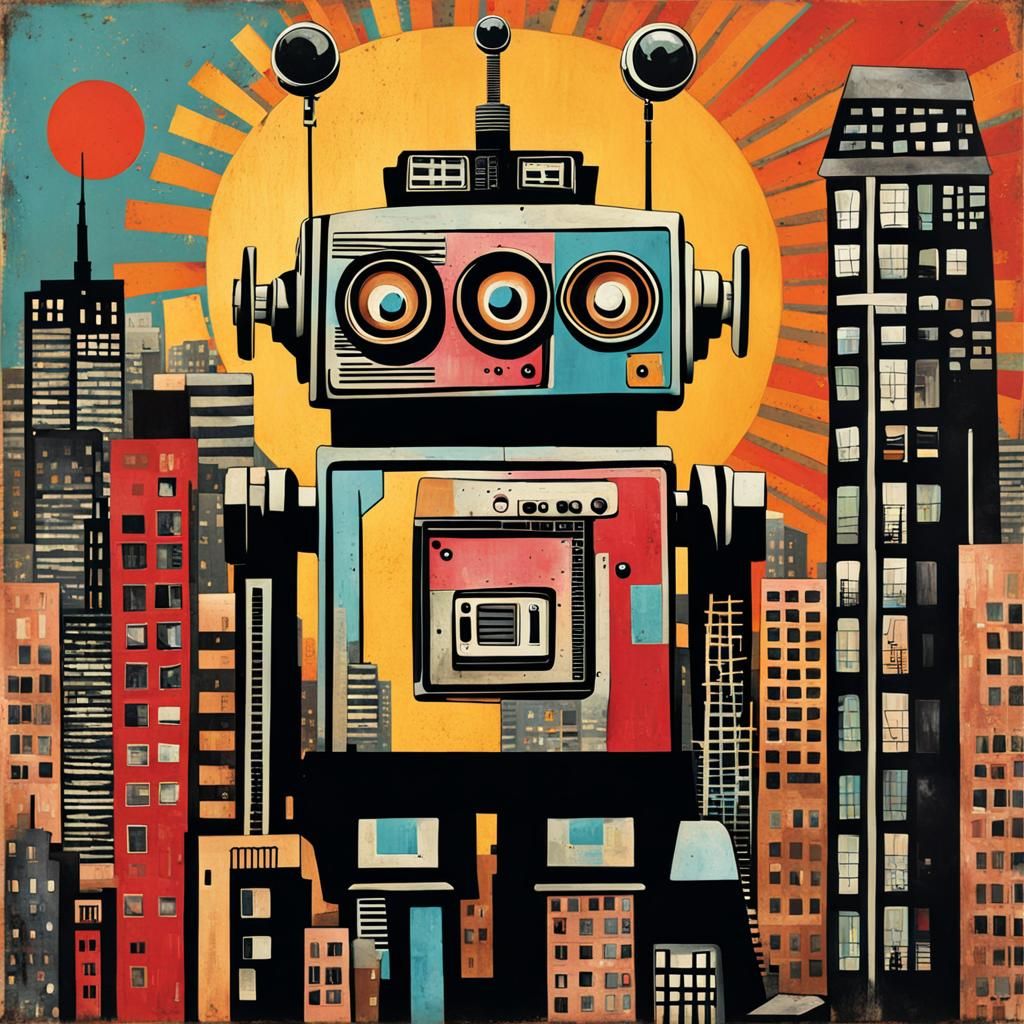 Retro Robot Urban Collage in Punk Style
