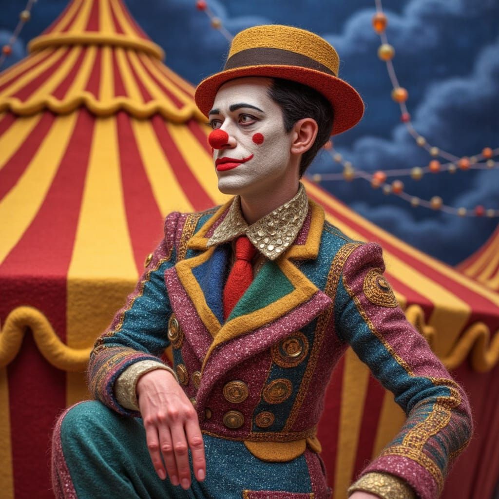 Intricate Wool Portrait of a Whimsical Clown in a Vibrant Ci...
