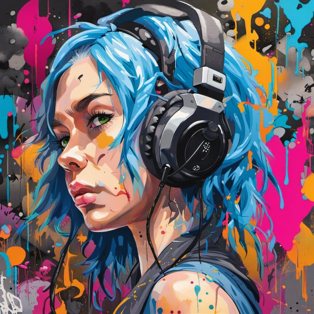 Girl and Man with Gaming Headsets in Graffiti Style