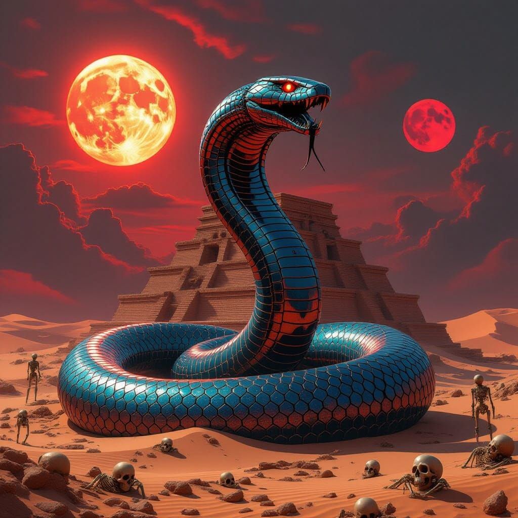 Dark Fantasy Robot Cobra Uncoils around Ancient Ziggurat